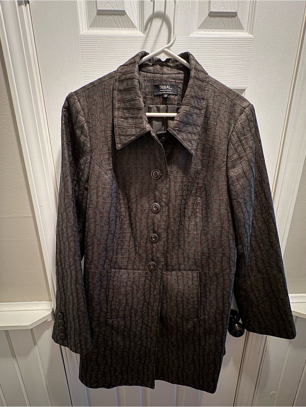 Tribal Brown Textured Button-Front Trench Coat Size 12
